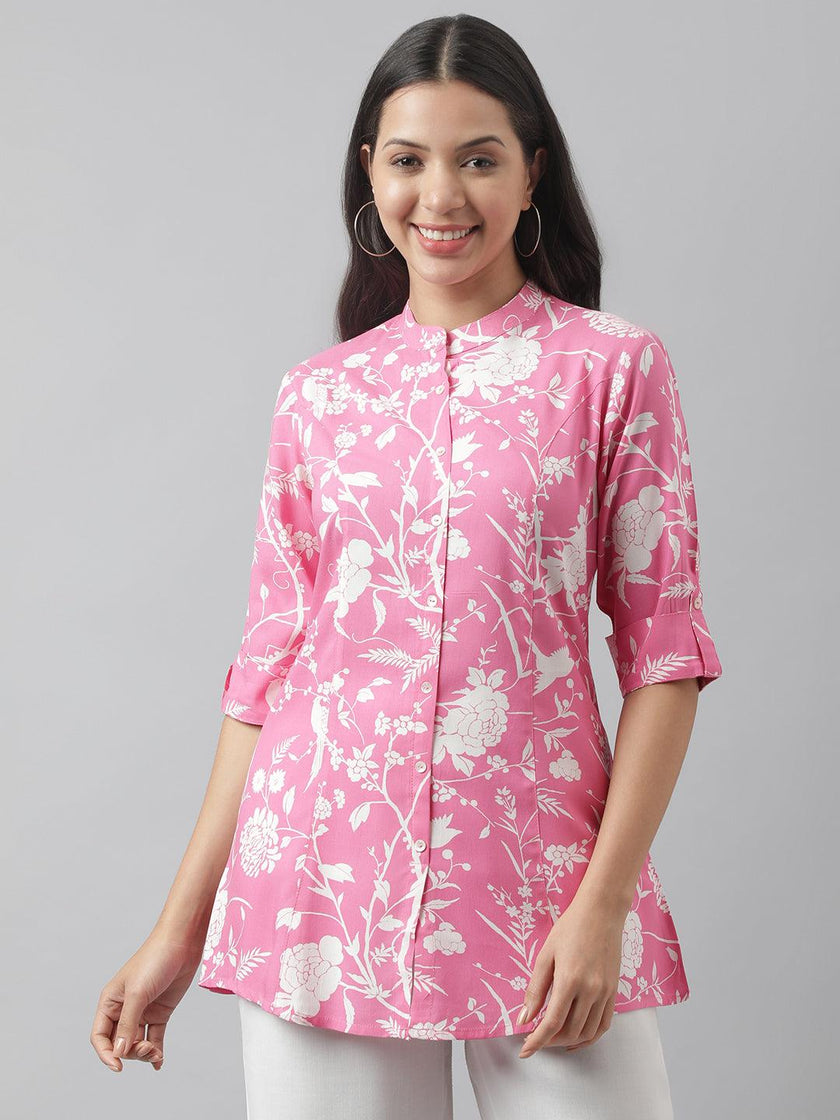 Divena Light Pink Floral Printed Rayon A-line Shirt Style Top - divena world