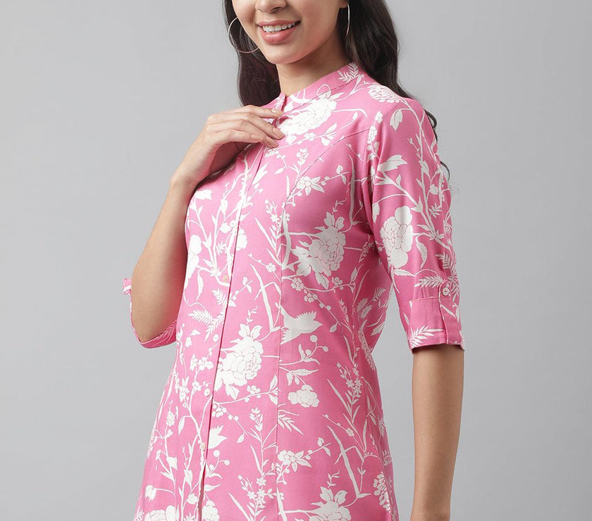 Divena Light Pink Floral Printed Rayon A-line Shirt Style Top - divena world