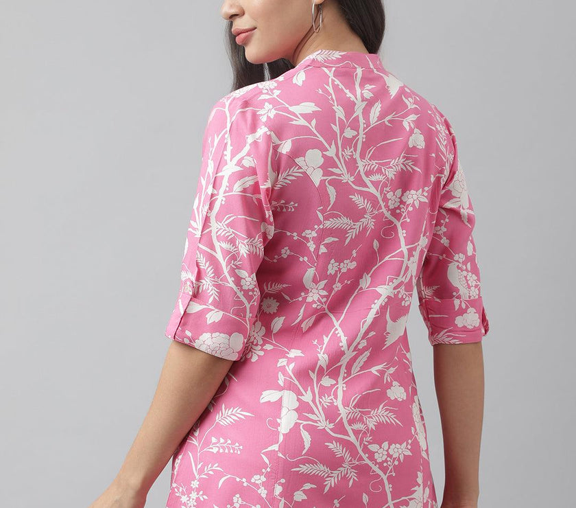 Divena Light Pink Floral Printed Rayon A-line Shirt Style Top - divena world