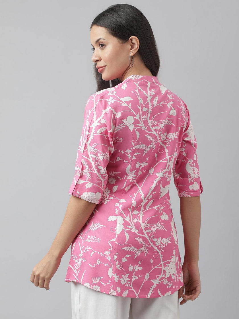 Divena Light Pink Floral Printed Rayon A-line Shirt Style Top - divena world