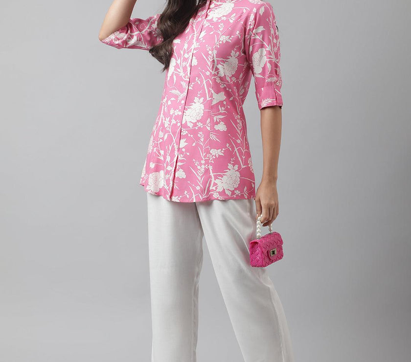 Divena Light Pink Floral Printed Rayon A-line Shirt Style Top - divena world