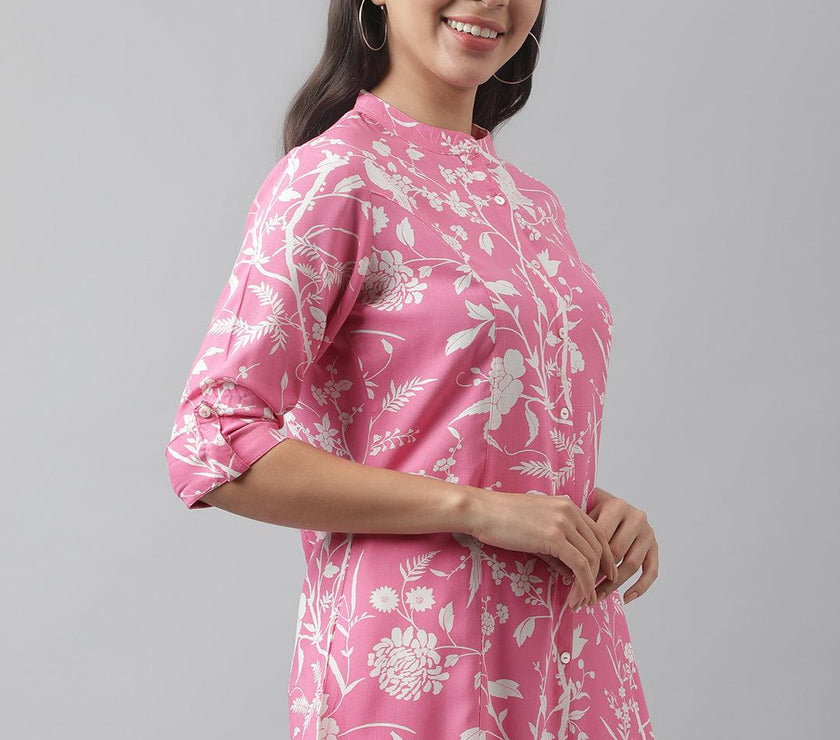 Divena Light Pink Floral Printed Rayon A-line Shirt Style Top - divena world