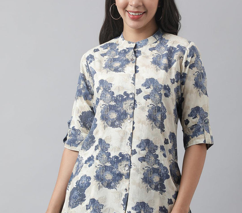 Divena Cream Floral Printed Rayon A-line Shirt Style Top - divena world