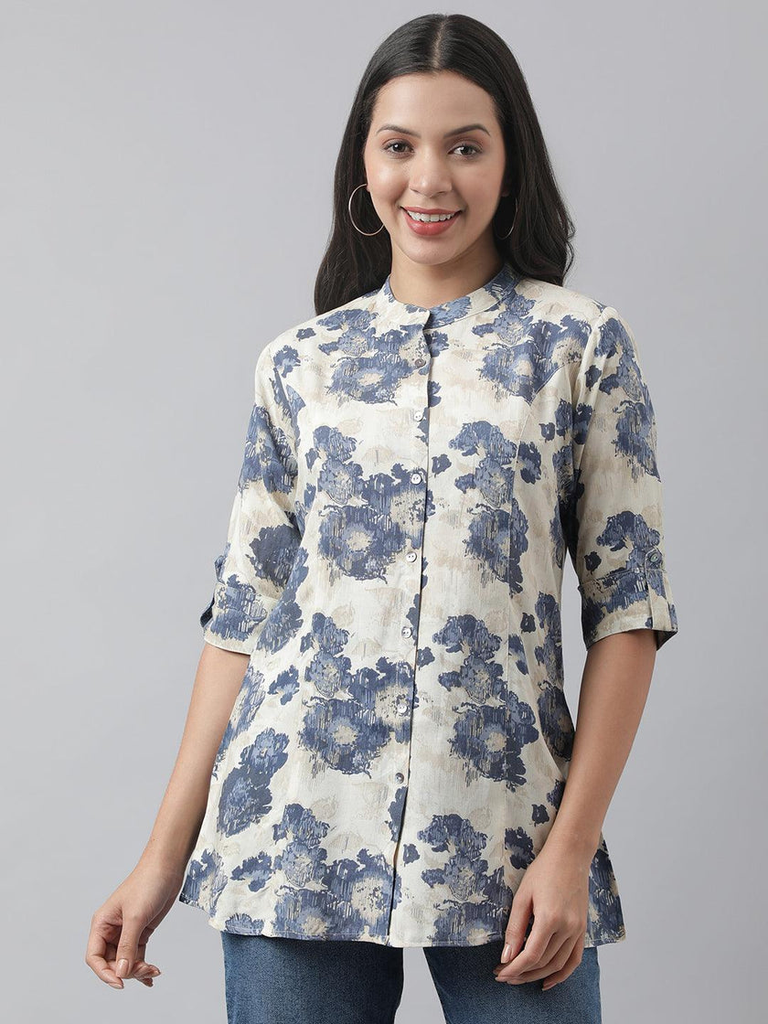 Divena Cream Floral Printed Rayon A-line Shirt Style Top - divena world