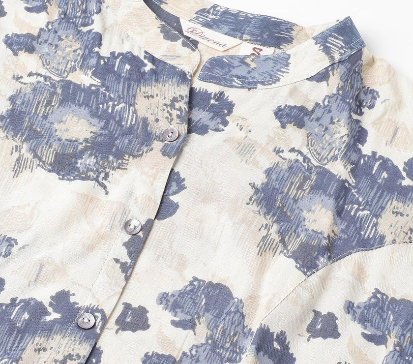 Divena Cream Floral Printed Rayon A-line Shirt Style Top - divena world