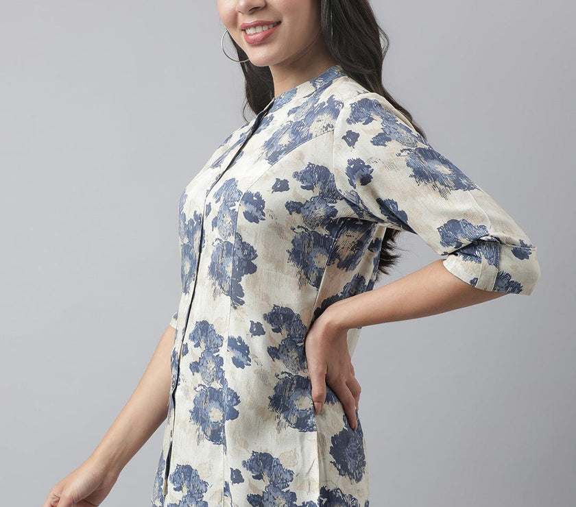 Divena Cream Floral Printed Rayon A-line Shirt Style Top - divena world