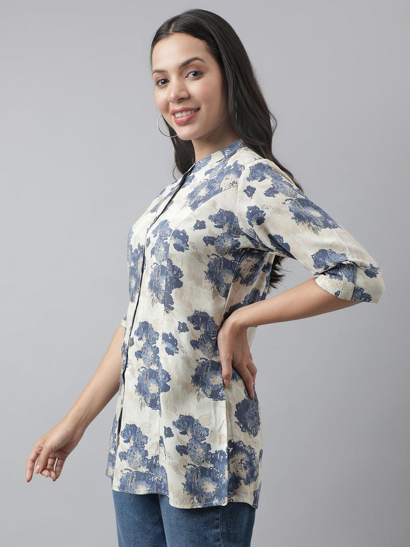 Divena Cream Floral Printed Rayon A-line Shirt Style Top - divena world