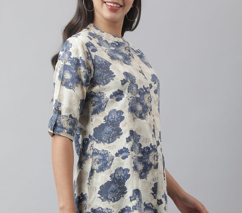 Divena Cream Floral Printed Rayon A-line Shirt Style Top - divena world