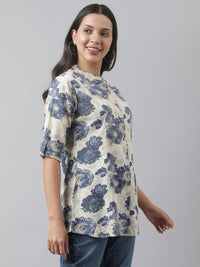 Divena Cream Floral Printed Rayon A-line Shirt Style Top - divena world