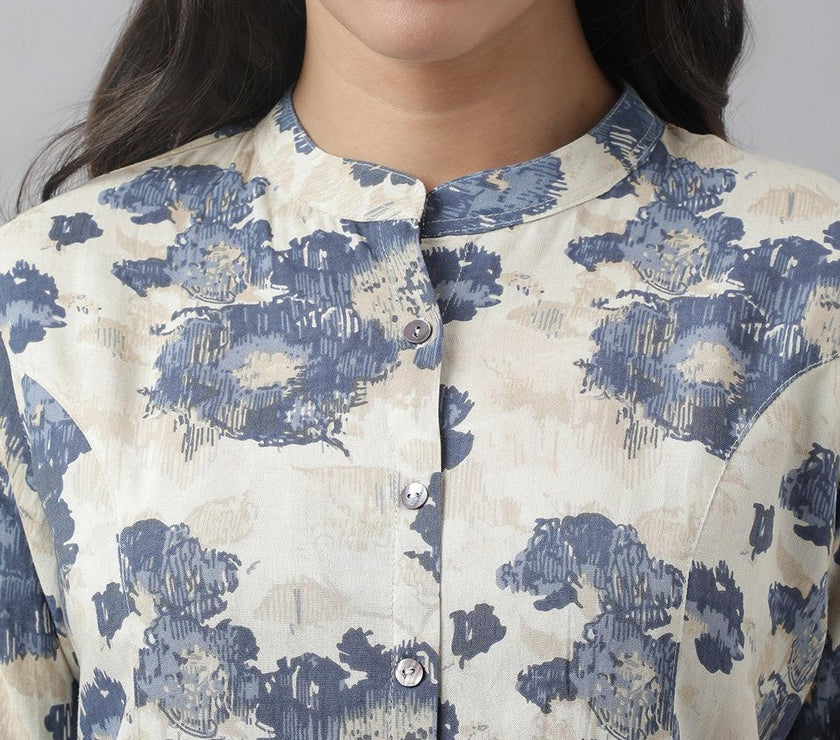 Divena Cream Floral Printed Rayon A-line Shirt Style Top - divena world