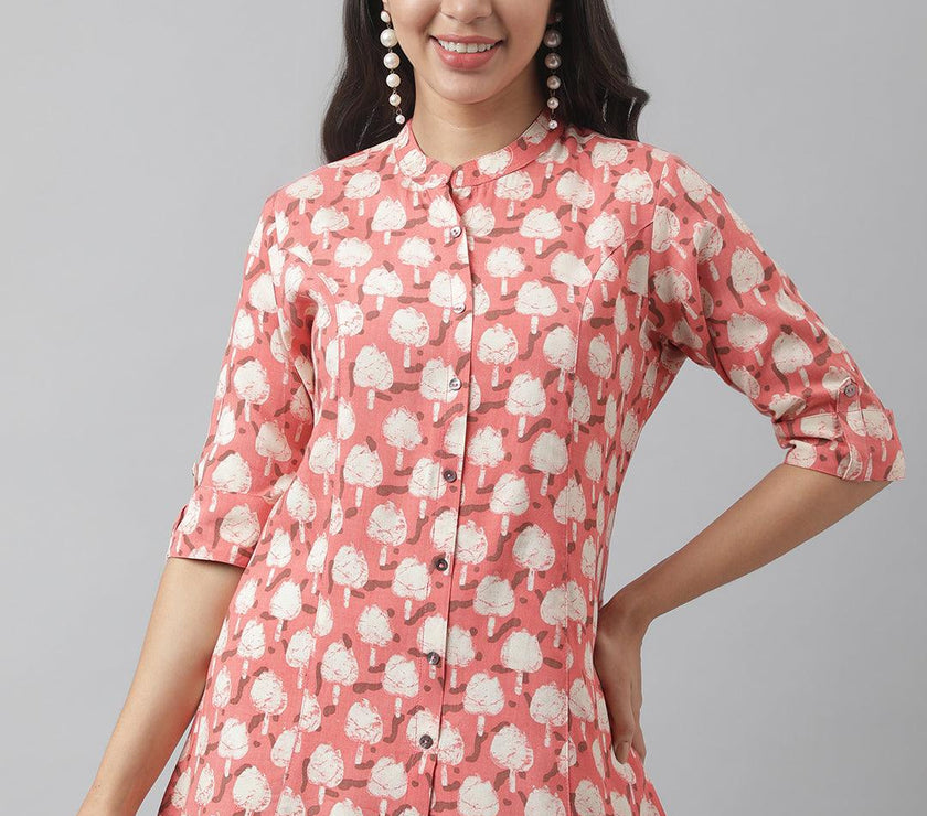 Divena Peach Floral Printed Rayon A-line Shirt Style Top - divena world