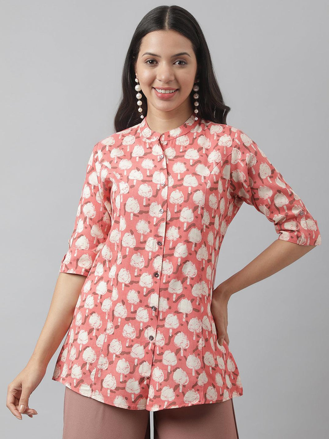 Divena Peach Floral Printed Rayon A-line Shirt Style Top - divena world