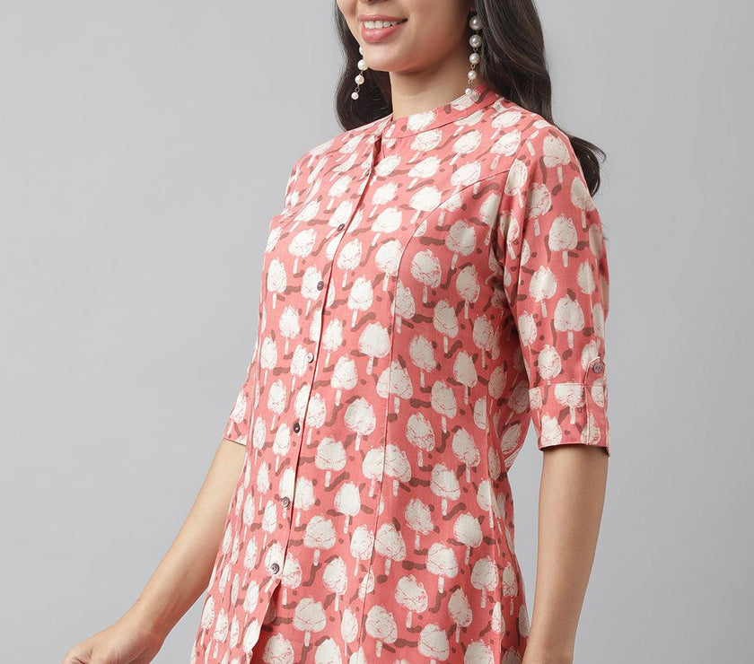 Divena Peach Floral Printed Rayon A-line Shirt Style Top - divena world