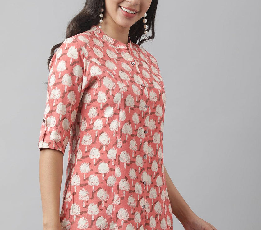 Divena Peach Floral Printed Rayon A-line Shirt Style Top - divena world