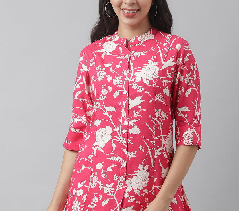 Divena Hot Pink Floral Printed Rayon A-line Shirt Style Top - divena world