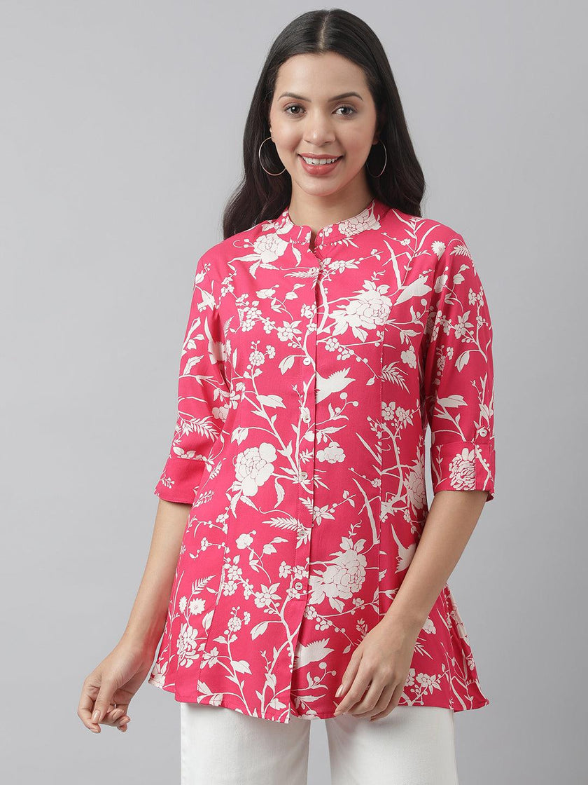 Divena Hot Pink Floral Printed Rayon A-line Shirt Style Top - divena world