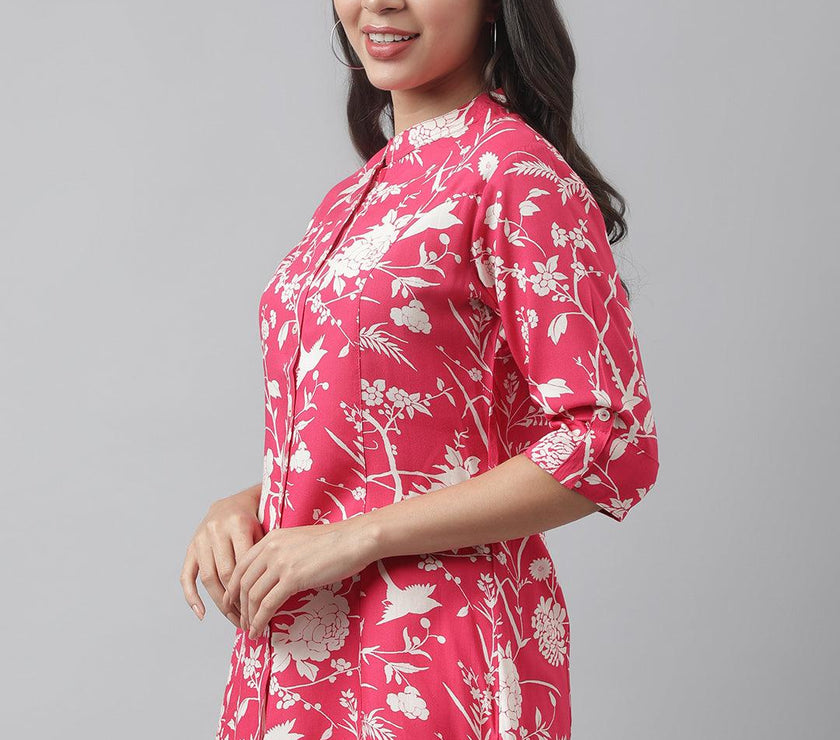 Divena Hot Pink Floral Printed Rayon A-line Shirt Style Top - divena world