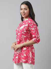 Divena Hot Pink Floral Printed Rayon A-line Shirt Style Top - divena world