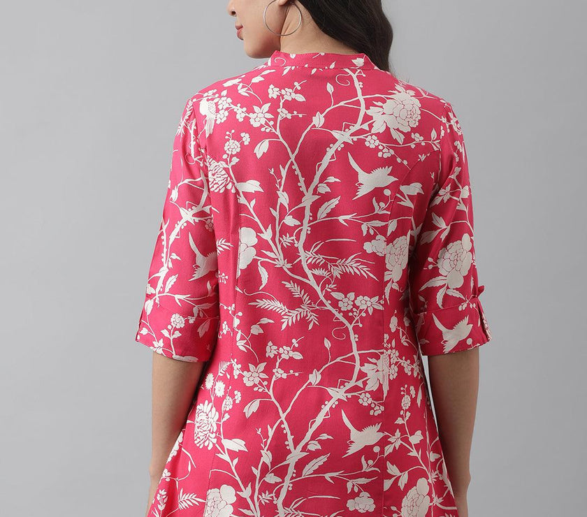 Divena Hot Pink Floral Printed Rayon A-line Shirt Style Top - divena world