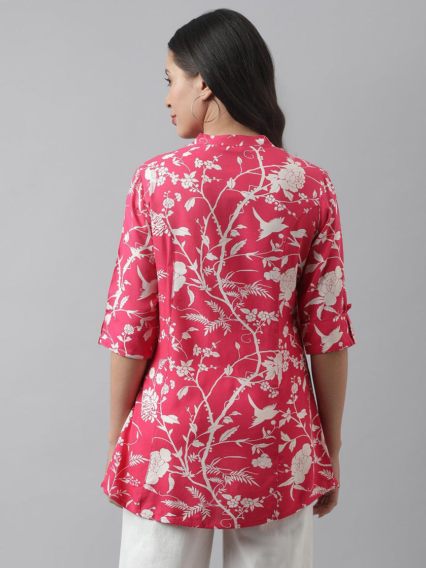 Divena Hot Pink Floral Printed Rayon A-line Shirt Style Top - divena world