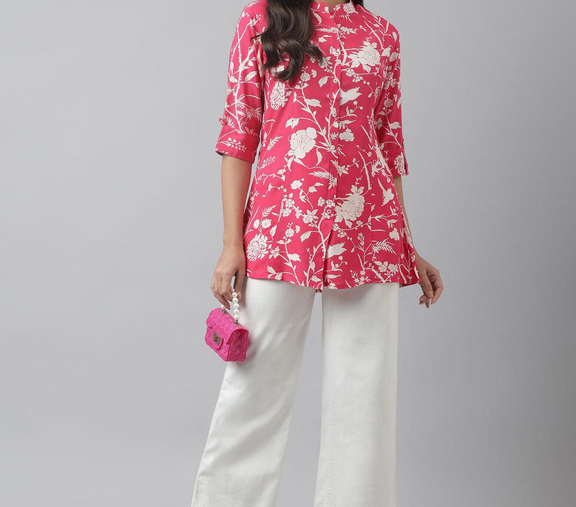 Divena Hot Pink Floral Printed Rayon A-line Shirt Style Top - divena world