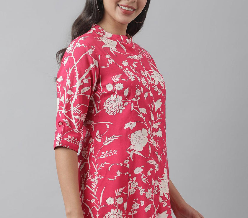 Divena Hot Pink Floral Printed Rayon A-line Shirt Style Top - divena world