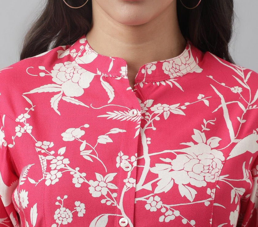 Divena Hot Pink Floral Printed Rayon A-line Shirt Style Top - divena world