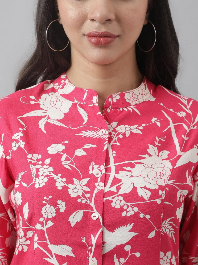 Divena Hot Pink Floral Printed Rayon A-line Shirt Style Top - divena world