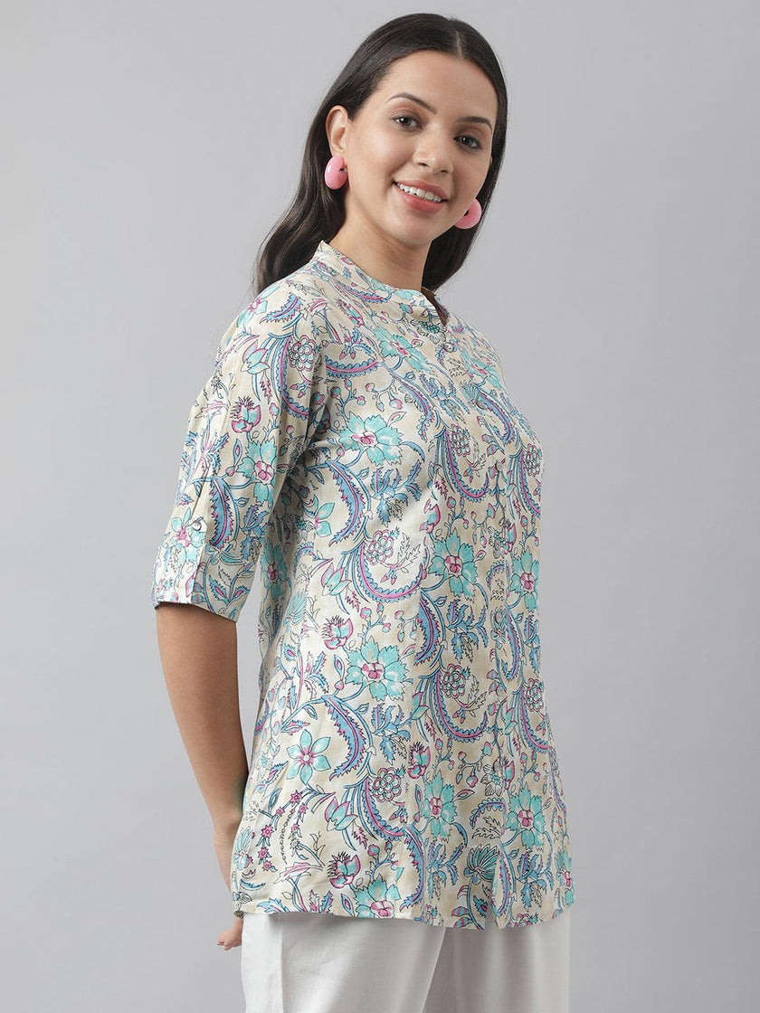 Divena Multi Floral Printed Rayon A-line Shirt Style Top - divena world