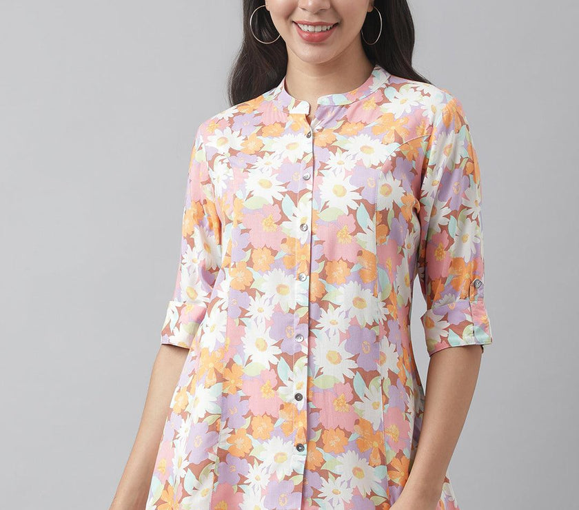 Divena Lavender Floral Printed Rayon A-line Shirt Style Top - divena world