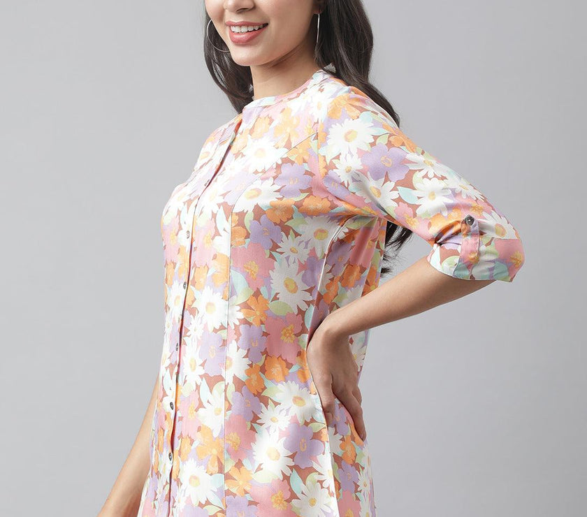 Divena Lavender Floral Printed Rayon A-line Shirt Style Top - divena world