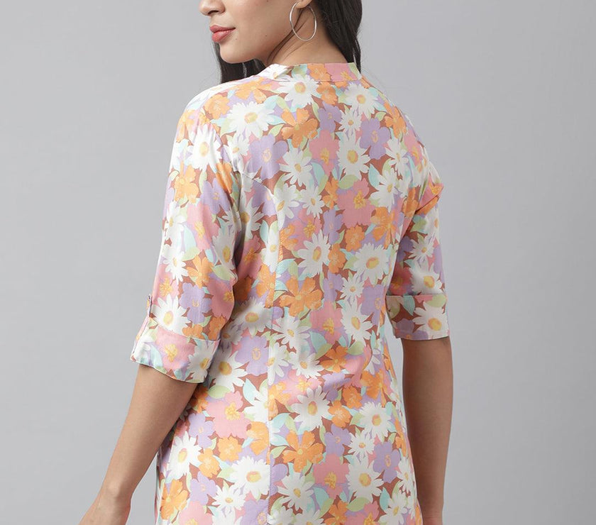 Divena Lavender Floral Printed Rayon A-line Shirt Style Top - divena world