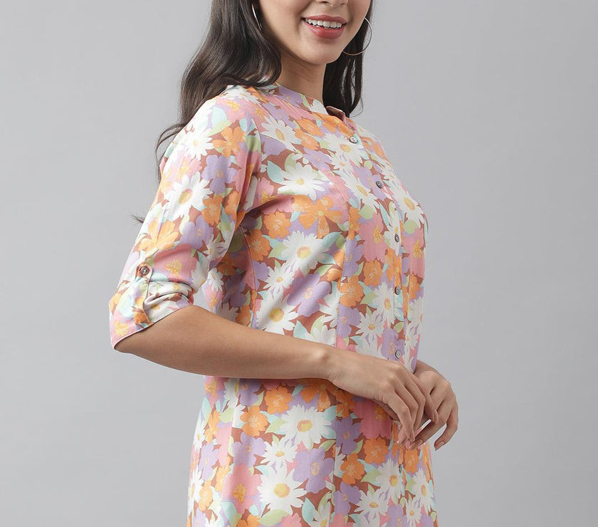 Divena Lavender Floral Printed Rayon A-line Shirt Style Top - divena world