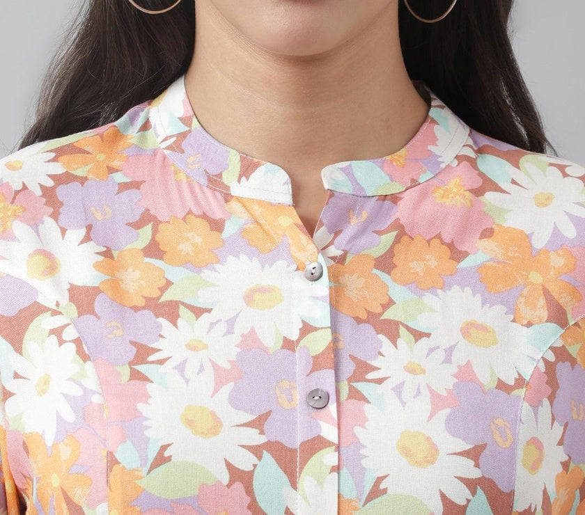 Divena Lavender Floral Printed Rayon A-line Shirt Style Top - divena world