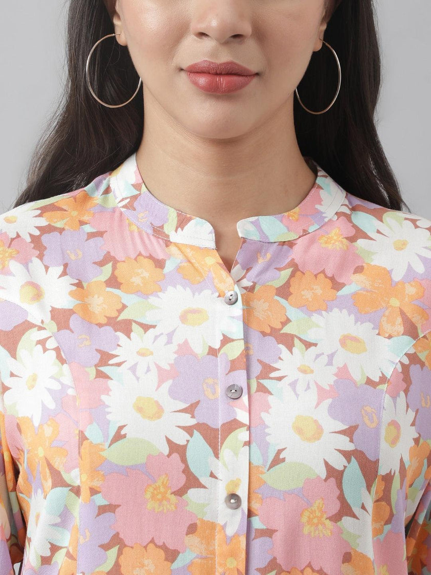 Divena Lavender Floral Printed Rayon A-line Shirt Style Top - divena world