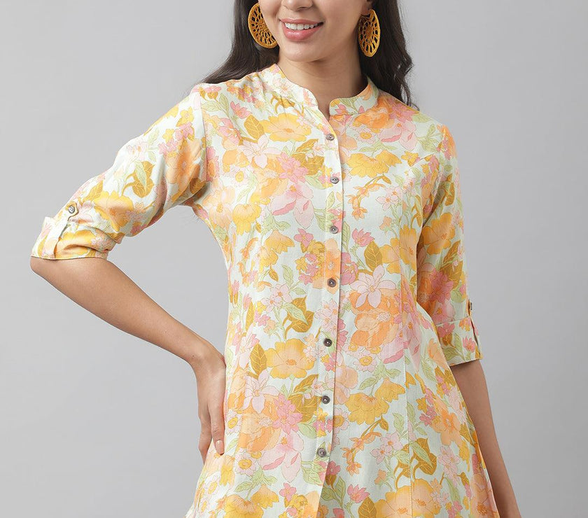 Divena Pista Green Floral Printed Rayon A-line Shirt Style Top - divena world