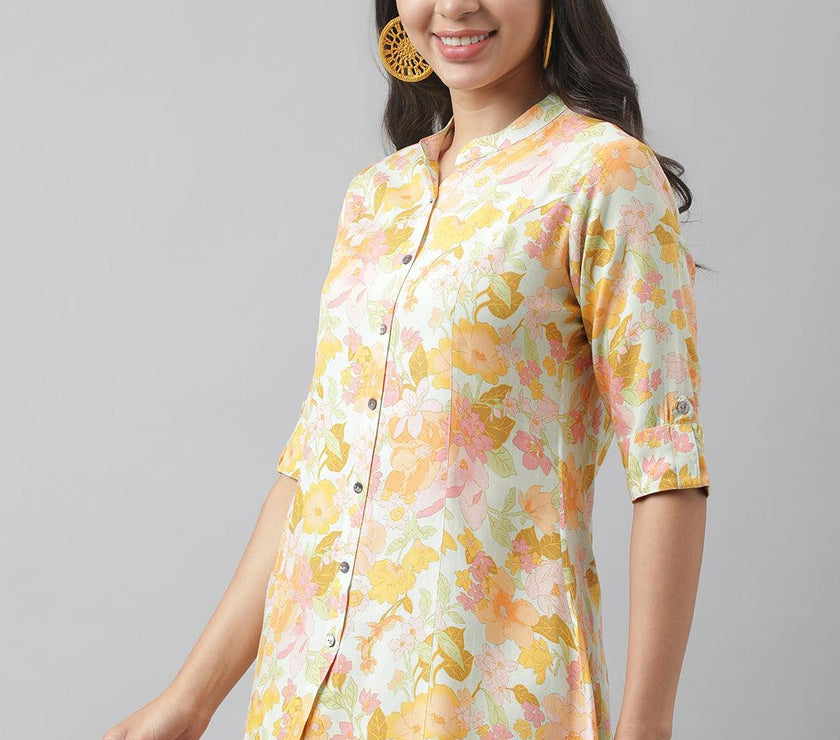 Divena Pista Green Floral Printed Rayon A-line Shirt Style Top - divena world