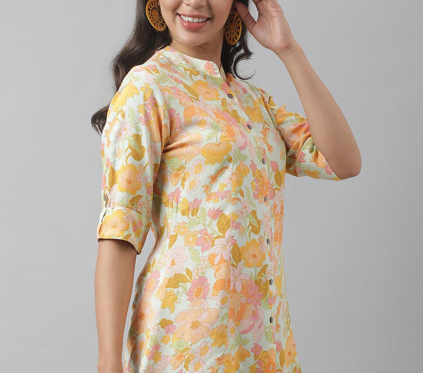 Divena Pista Green Floral Printed Rayon A-line Shirt Style Top - divena world