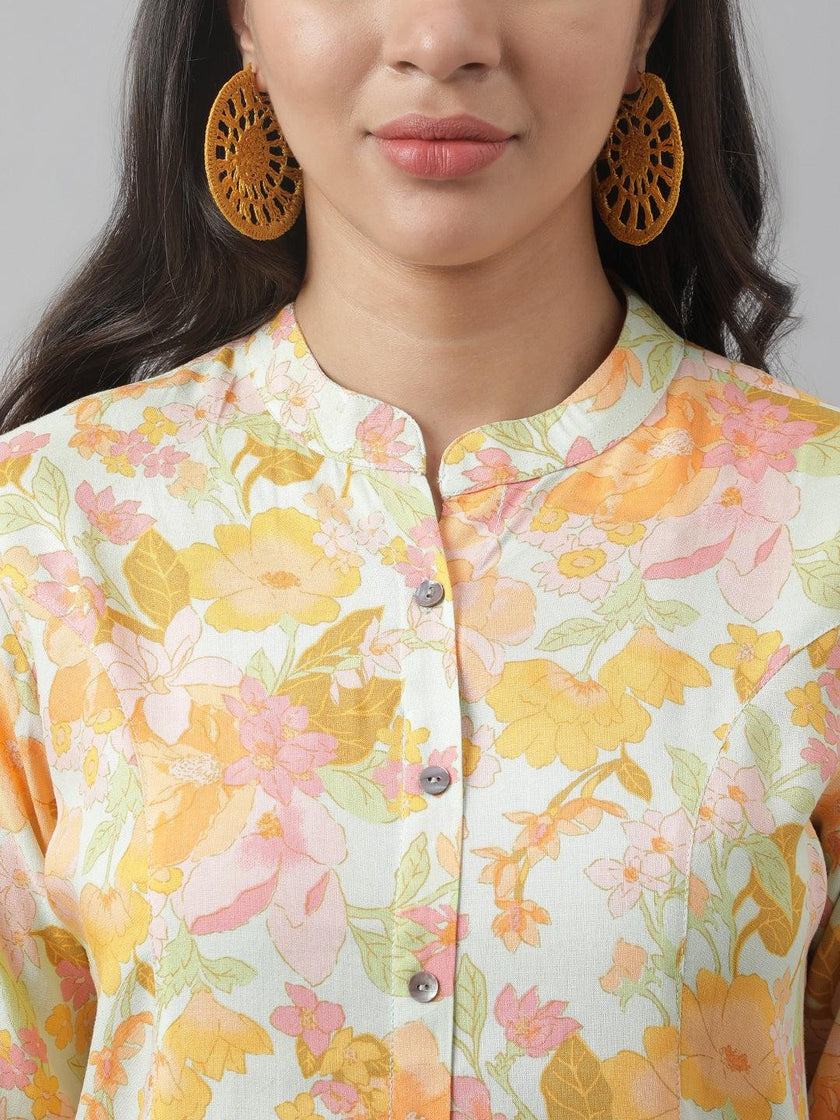 Divena Pista Green Floral Printed Rayon A-line Shirt Style Top - divena world