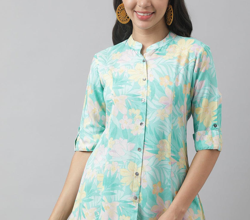 Divena Sea Green Floral Printed Rayon A-line Shirt Style Top - divena world