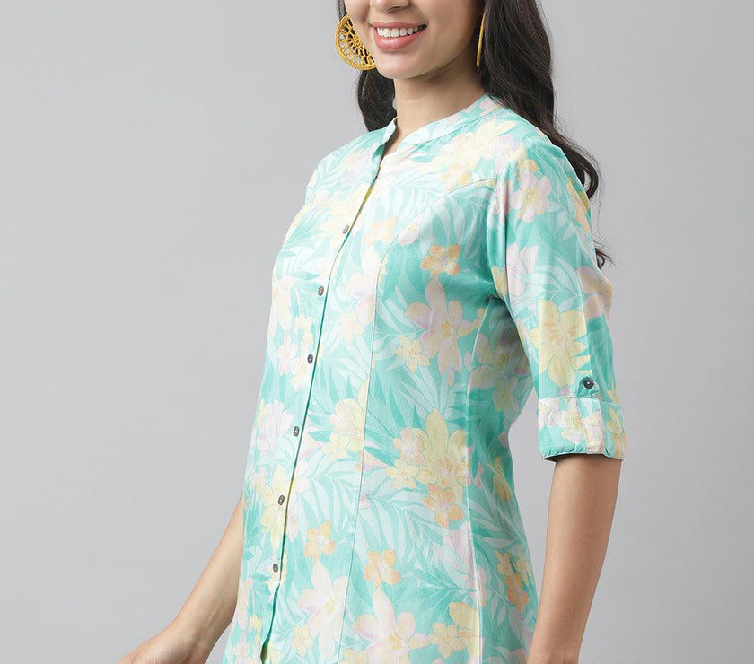 Divena Sea Green Floral Printed Rayon A-line Shirt Style Top - divena world