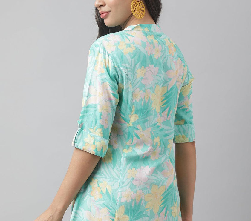 Divena Sea Green Floral Printed Rayon A-line Shirt Style Top - divena world