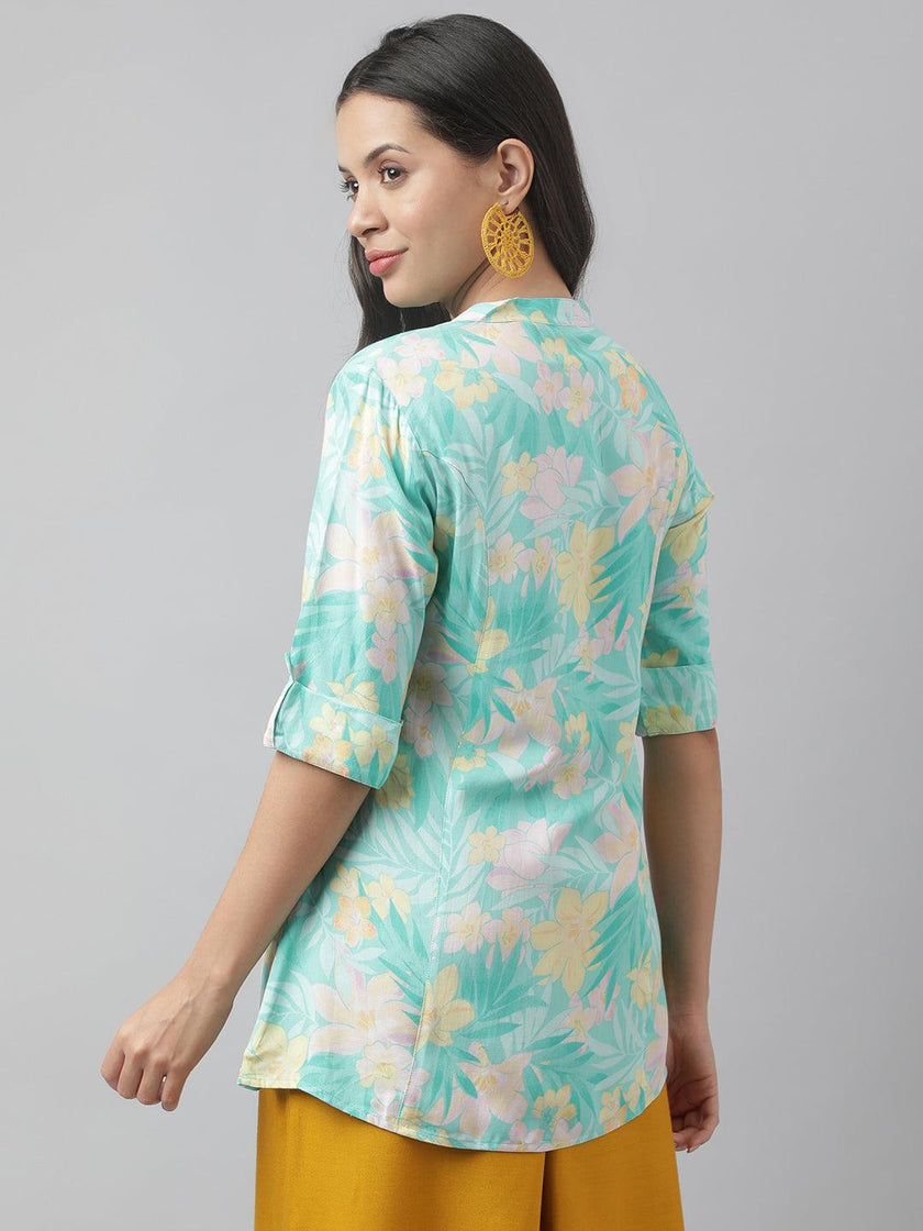 Divena Sea Green Floral Printed Rayon A-line Shirt Style Top - divena world