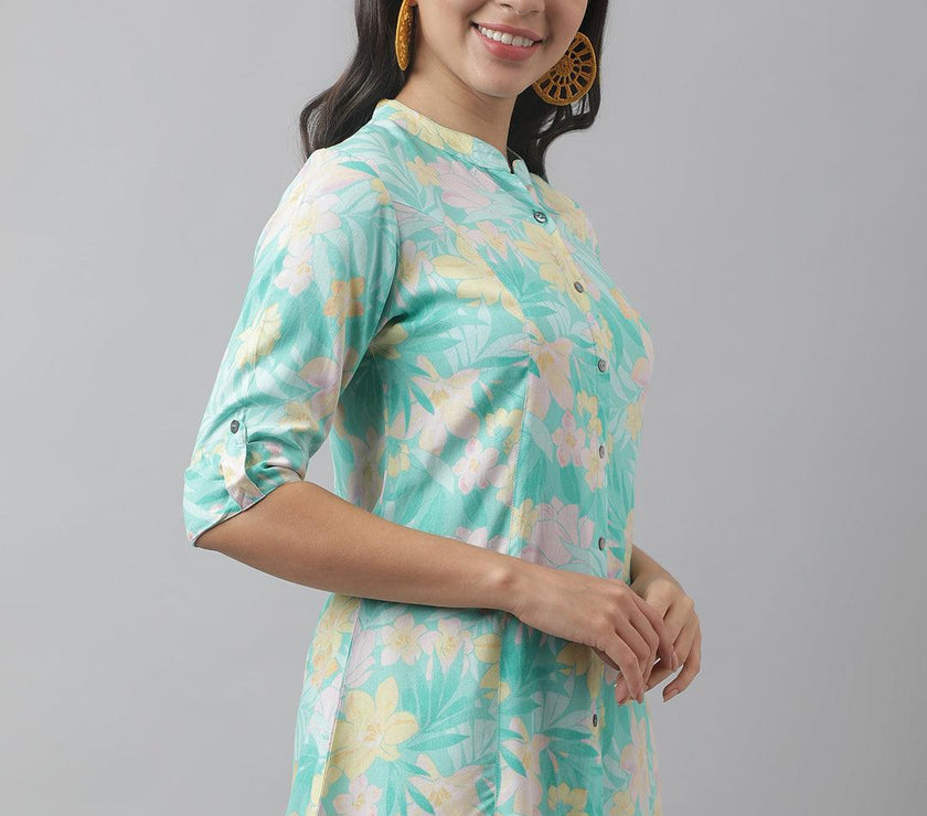 Divena Sea Green Floral Printed Rayon A-line Shirt Style Top - divena world