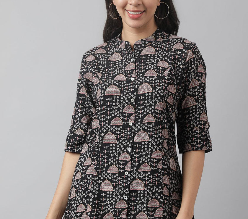 Divena Black Floral Printed Rayon A-line Shirt Style Top - divena world