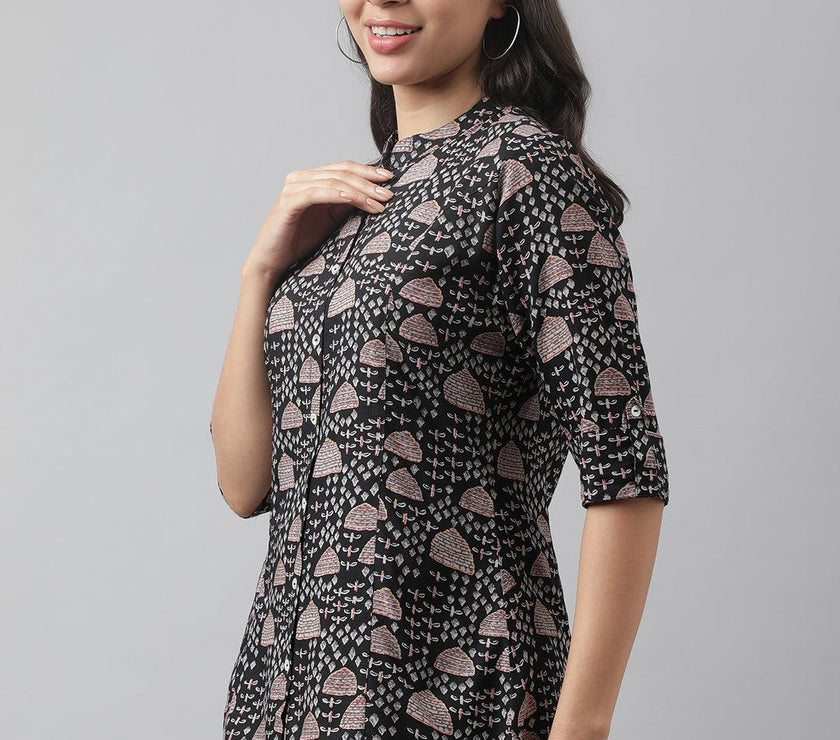 Divena Black Floral Printed Rayon A-line Shirt Style Top - divena world