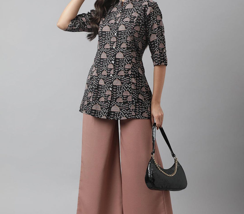 Divena Black Floral Printed Rayon A-line Shirt Style Top - divena world