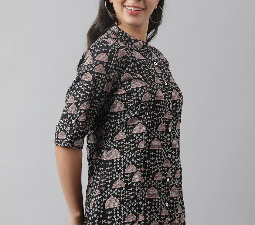 Divena Black Floral Printed Rayon A-line Shirt Style Top - divena world