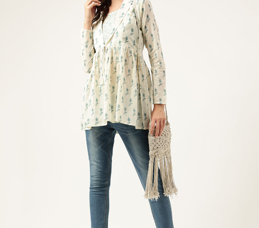 Divena Green Floral Printed Empire Cotton Tops