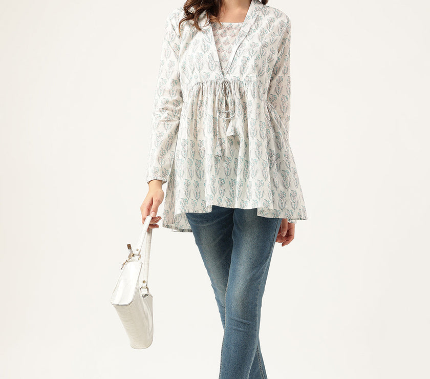 Divena White Floral Printed Empire Cotton Tops